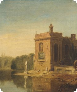 En innsjø med en paviljong og en statue, Italia (olje på lerret) av Richard Wilson