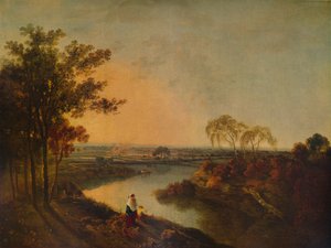 En engelsk elv ved solnedgang, i det fjerne de walisiske åsene, c1760, 1938 av Richard Wilson