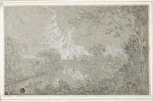 Banks of the River Dee nær Eaton Hall, Cheshire, ca. 1759 (svart og hvitt kritt på blått papir, lagt ned på kort) av Richard Wilson