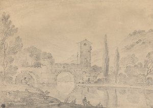 Italiensk landskap med trebuet bro, brohus, figurer på nær bredden og poppel på den andre bredden av Richard Wilson