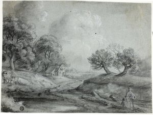 Landskap med kvinne og kyr (svart kritt med stumping, forsterket med hvitt kritt, på blått papir) av Richard Wilson