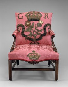 Lenestol, ca. 1750 (mahogni og møbeltrekk) av Richard and Elwick Edward (attr. to) Wright