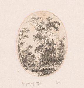 Landskap med en trekonstruksjon på påler, til venstre en kvinne på en bro Samling av utsikt, landskap, antikke fragmenter og historiske emner (serietittel) Recueil de griffonis, de vues, paysages, fragmenter antikviteter og sujets historiques ( av Richard de Saint Non
