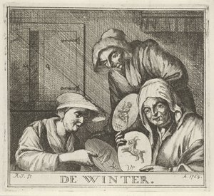 Interiør med tre bondekvinner Vinteren. (serietittel på objekt) Vinterscener (serietittel)