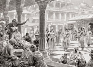 Akbar spiller pachisi eller chaupur med levende stykker på Fatehpur Sikri i 1575, fra Hutchinson