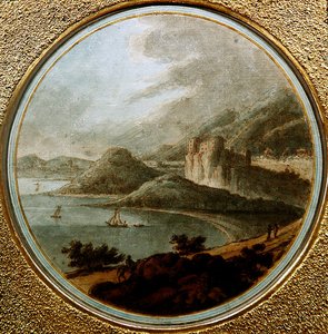 Slott over en havbukt med skip, ca. 1775 (penn og blekk med akvarell på papir) av Robert (attr. to) Adam