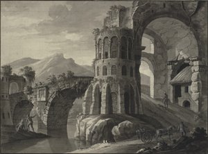 Arkitektonisk fantasi. Ruin av antikk bro, flankert av middelaldertårn av Robert Adam