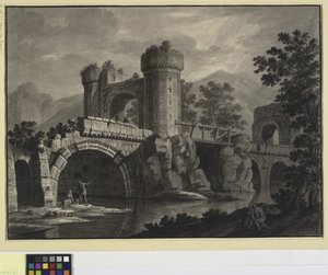 Arkitektonisk fantasi om en ødelagt bro i et landskap av Robert Adam