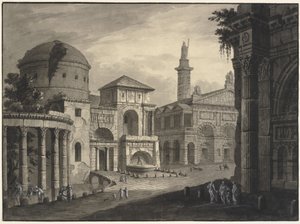 Arkitektonisk fantasi om en gammel by med et torg og mange bygninger, noen delvis i ruiner av Robert Adam