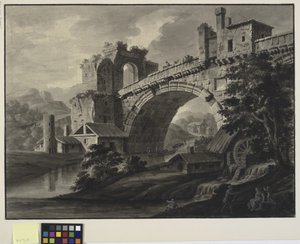 Arkitektonisk fantasi med en antikk bro over en elv og en vannmølle i forgrunnen av Robert Adam