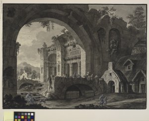 Arkitektonisk fantasi med ruiner av et antikt bad og hytter av Robert Adam