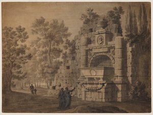 Capriccio med antikke figurer blant klassiske monumentruiner av Robert Adam