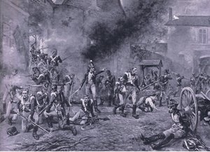 Forsvaret av Hougoumont 18. juni 1815, illustrasjon fra British Battles on Land and Sea, 1915