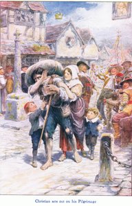 Christian legger ut på pilegrimsreisen, fra The Pilgrims Progress utgitt av John F Shaw & Co, ca. 1900-tallet (farge litho) av Robert Ambrose Dudley