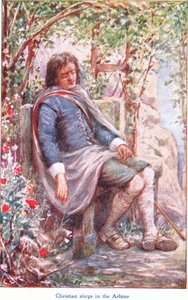 Christian sover i arbour, fra The Pilgrims Progress utgitt av John F Shaw & Co, ca. 1900-tallet (farge litho) av Robert Ambrose Dudley