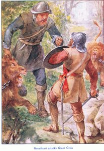 Great Heart Attacks Giant Grim, fra The Pilgrims Progress utgitt av John F Shaw & Co, ca. 1900-tallet (farge litho) av Robert Ambrose Dudley