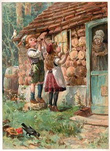 Hansel and Gretel, illustrasjon fra "Once Upon a Time" utgitt av Ernest Mister, ca. 1900 (farge litho)