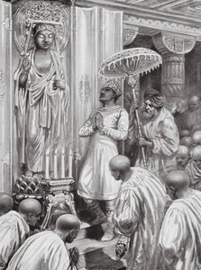 Kanishka innvier Mahayana (nordlig) buddhisme, år 100 e.Kr. (litografi) av Robert Ambrose Dudley