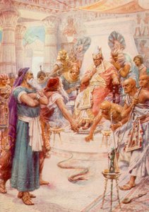 Moses og Aron foran farao (farge litho)