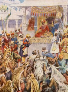 Khan Jahan viser Akbar sine fyrstelige fanger (fargelitografi) av Robert Ambrose Dudley