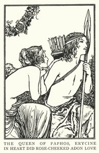 Dronningen av Pafos, Erycine, i hjertet elsket rosekinn Adon (litho) av Robert Anning Bell