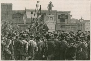 The Great Strike of Dock Labourers at East End: Mr John Burns henvender seg til mennene som streiker ved portene til East and West India Docks av Robert Barnes