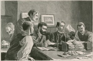 The Great Strike of Dock Laborers at East End: Finanskomiteen utsteder hjelpebilletter ved Wade Arms, Jeremiah Street, Poplar, de streikendes hovedkvarter av Robert Barnes