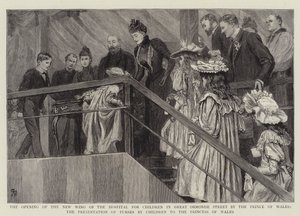 Åpningen av den nye fløyen til sykehuset for barn i Great Ormond Street av prinsen av Wales, presentasjonen av vesker av barn til prinsessen av Wales av Robert Barnes