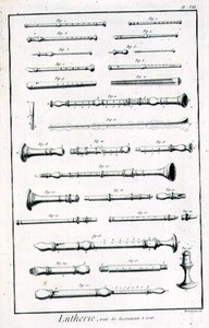 Plate VIII: Blåseinstrumenter fra Encyclopedia of Denis Diderot (1713-84) og Jean le Rond d
