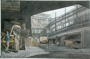 Utsikt over gården ved Spread Eagle, Gracechurch Street, med trenere og fôring av hester av Robert Blemell Schnebbelie