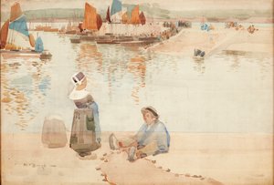 Figurer på havnemuren, Bretagne (akvarell) av Robert Brough