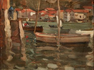 Robåter ved en havnekai, Concarneau (olje på panel) av Robert Brough