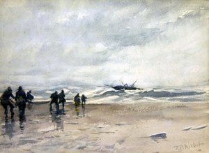 Fiskere trekker inn en nødlidende fiskebåt (akvarell på papir) av Robert Buchan Nisbet