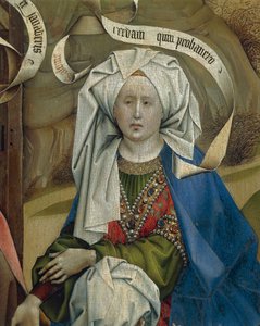 Detalj som representerer kvinnen fra fødselen, av Mester av Flemalle Robert Campin (1375/1379-1444), olje på panel, rundt 1420 av Robert Campin
