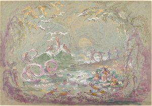 Lake Scene med feer og svaner