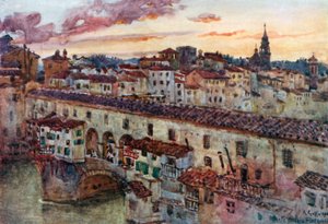 Solnedgang om sommeren over de florentinske takene (fargelitografi) av Robert Charles Goff