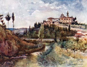 Cistercienserklosteret i Val d#39;Ema, bak Porta Romana (fargelitografi)