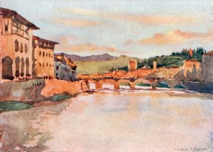 Utsikt mot øst fra Ponte Vecchio ved solnedgang, med S. Miniato-høyden og Ponte Alle Grazie (fargelitografi) av Robert Charles Goff