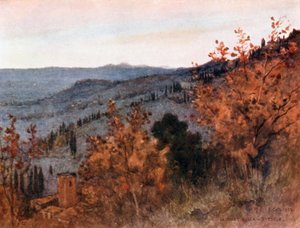 Utsikt over de toskanske åsene, fra quot;Torre Rossaquot;, Fiesole (fargelitografi)