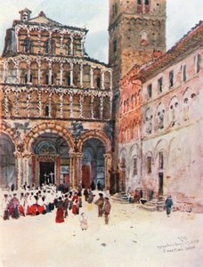 Vestfronten av katedralen i San Martino Lucca (fargelitografi)