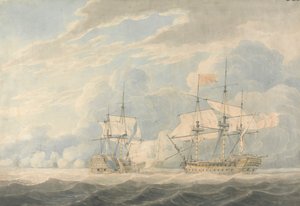 Den nederlandske viseadmiralen under admiral De Winter slo flagget sitt til den engelske viseadmiralen Onslow under admiral Duncan i slaget ved Camperdown, 11. oktober 1797