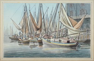 Utsikt over Billingsgate brygge med båter på vannet, City of London, 1790. av Robert Clevely