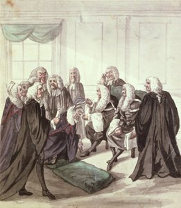 A Peep into Westminster Hall on a Call of Sergeants, 1700-tallet (penn og blekk og wc på papir) av Robert Dighton