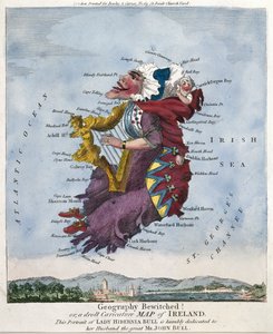 Geografi forhekset! eller et tullete karikaturkart over Irland. Dette portrettet av Lady Hibernia Bull er ydmykt dedikert til mannen hennes, den store Mr John Bull. [ca.1796]
