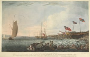 A View of Blackwall, med en del av Dockyard, ved lanseringen av Bombay Castle, 74 kanoner, bygget på bekostning av Hon. East India Company og presentert av dem til Hans Majestet i juni 1782 av Robert Dodd