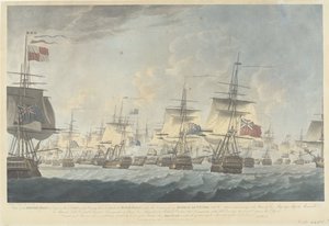 Slaget ved Kamperduin (1797): angrep fra den britiske flåten Utsikt over den britiske flåten ved middagstid den 11. oktober 1797, Bearing down for å angripe den nederlandske flåten (...) (tittel på objekt)