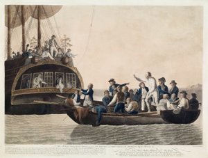 Mytteristene som ble løytnant Bligh og en del av offiserene og Crew Adrift, 29. april 1789, pub. 1790 av Robert Dodd