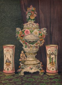 Vase av Dresden-porselen og et par porselensbegre, 1863.