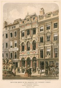 Utsikt over kontorene til Promoter Life Insurance Company med tilstøtende bygninger, Fleet Street, London (fargelitografi)