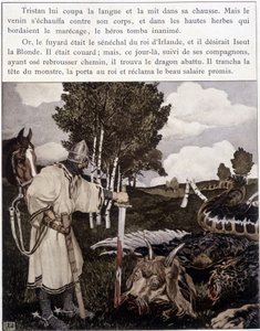 Tristan nær den døde dragen - i "" Le Roman de Tristan et Iseult"" av Bédier ill. av Robert Engels, red. of Art, Paris